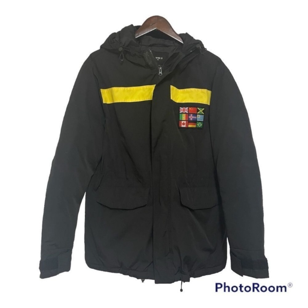 forever 21 mens medium coat jacket black puffer ski flags hooded Logo Full Zip S